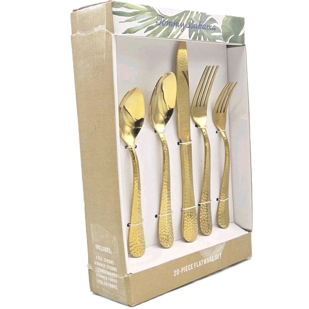 Tommy Bahama 20-Piece Hammered Gold‎ Stainless Steel Flatware Set Made in India